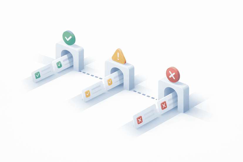 Validation checks running against order data with pass, informational, and blocked results